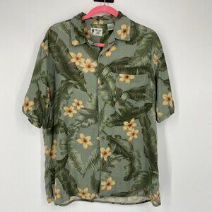 Vintage Silk 100% Silk Green Hawaiian Button Up Collared Shirt. Pocket. Size L
